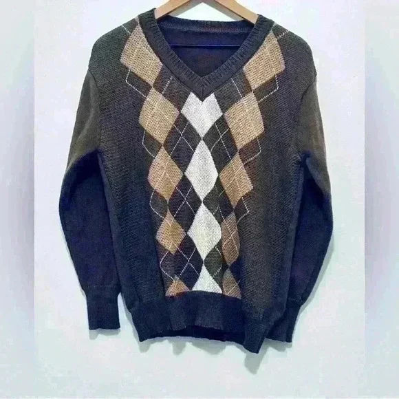 Argyle V-Neck Sweater, Brown, Women’s Size Medium, Baggy Fit, Karwuiio - Picture 1 of 12